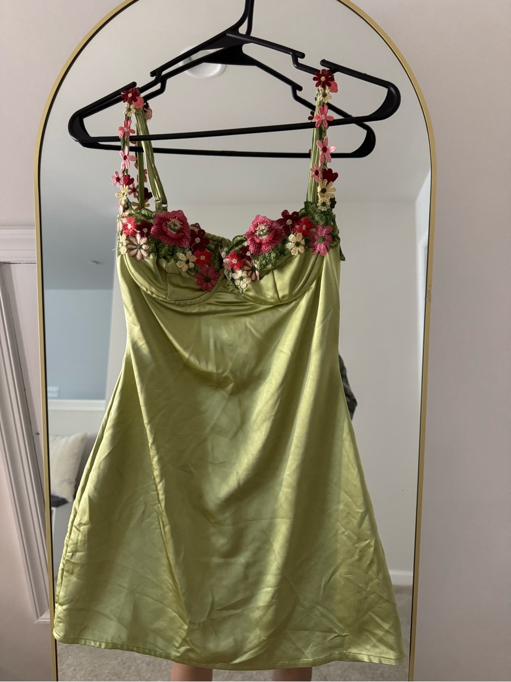 Princess Polly Green Satin Slip Dress with Floral Embroidered Straps - Picture 2 of 4